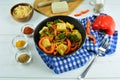 Salad with Fried Tofu, Cooked Broccoli, Peppers, and Sprouts Royalty Free Stock Photo