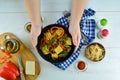 Salad with Fried Tofu, Cooked Broccoli, Peppers, and Sprouts Royalty Free Stock Photo