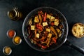 Salad with Fried Tofu, Cooked Broccoli, Peppers, and Sprouts Royalty Free Stock Photo