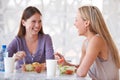 Salad, friends or women at lunch for happiness or smile on break to relax together for funny joke. Conversation, healthy Royalty Free Stock Photo