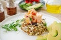 Salad of germinated seeds, trout and avocado. Macrobiotic food concept Royalty Free Stock Photo