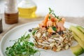 Salad of germinated seeds, trout and avocado. Macrobiotic food concept Royalty Free Stock Photo