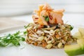 Salad of germinated seeds, trout and avocado. Macrobiotic food concept Royalty Free Stock Photo