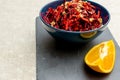 Salad of grated red beets carrots pomegranates and walnuts Royalty Free Stock Photo