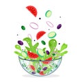 Green healthy vegetable salad. Glass bowl fresh organic food Vector illustration tomato cucumber onion lettuce olive pepper