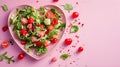 Salad Greens Mix in Heart Shape plate on pink background, Health Concept, Copy Space, Restaurant Valentine\'s day