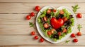 Salad Greens Mix in Heart Shape plate on wooden background, Health Concept, Copy Space, Restaurant Valentine\'s day