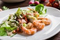 Salad from greens and shrimps on a white ceramic plate