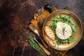 Salad with grilled Camembert cheese, arugula, toast and rosemary in a plate. Dark background. Top view. Copy space Royalty Free Stock Photo