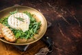 Salad with grilled Camembert cheese, arugula, toast and rosemary in a plate. Dark background. Top view. Copy space Royalty Free Stock Photo