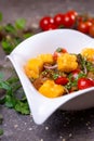 Grilled chicken cheese salad with tomatoes, onions and dill in a white bowl