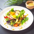 Salad with grilled vegetables and apple-ginger dressing on white plate. Grilled Vegetables ar gourmet vegan food. Close