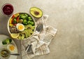 Salad bowl with cooked vegetables, avocado, seeds and egg Royalty Free Stock Photo