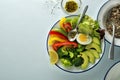 Salad bowl with cooked vegetables, avocado, seeds and egg Royalty Free Stock Photo