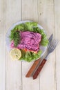 Salad `Herring under a fur coat`. Layered salad with vegetables and salted fish with white sauce Royalty Free Stock Photo