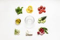 Salad ingredients and empty bowl. Making summer salad. Cooking Royalty Free Stock Photo