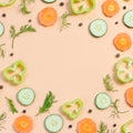 Salad ingredients layout. Food pattern with carrot, cucumbers, radish, greens, pepper and spices