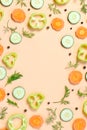 Salad ingredients layout. Food pattern with carrot, cucumbers, radish, greens, pepper and spices