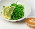 Salad with Kaiso seaweed with peanut sauce, close-up