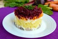 Salad with layers of cooked vegetables and salted fish (Herring under fur coat).