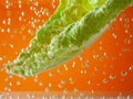 Salad leaves in carbonated water on background