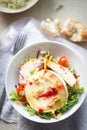 Salad with lettuce, brie, fried pears, camembert, walnuts, red onion, tomatoes and raspberry vinaigrette dressing Royalty Free Stock Photo