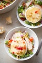 Salad with lettuce, brie, fried pears, camembert, walnuts, red onion, tomatoes and raspberry vinaigrette dressing Royalty Free Stock Photo