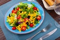 Salad with lettuce, tomato, corn and olives Royalty Free Stock Photo