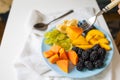 Salad Made From Fresh Summer Fruits On Blue Plate. Royalty Free Stock Photo