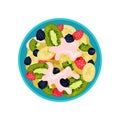 Salad made of kiwi, banana, ripe berries and yogurt in blue bowl, top view. Delicious fruit dish. Flat vector icon Royalty Free Stock Photo