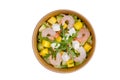 Salad with mango and shrimps for online restaurant menu on white background Royalty Free Stock Photo