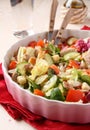 Salad with meat, cucumbers, tomatoes and croutons