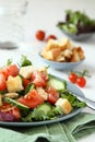 Salad with meat, cucumbers, tomatoes and croutons