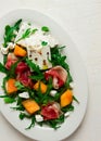 salad, melon with prosciutto, arugula, and cheese, summer salad, vegetarian, homemade, no people,