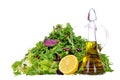 Salad mix with bottle of olive oil and lemon isolated on white Royalty Free Stock Photo