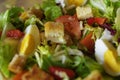 Salad in the morning. Salad with egg, lettuce, tomato, croutons, pepper. Diet, proper nutrition, perfect breakfast Royalty Free Stock Photo