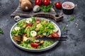 Salad with mussels, quail, egg, conjugate lime, spinach, lettuce, cherry tomatoes and microgreen. Dietary salad. Food recipe