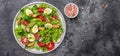 Salad with mussels, quail, egg, conjugate lime, spinach, lettuce, cherry tomatoes and microgreen. Dietary salad. Long banner