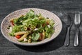 Salad - penne pasta with asparagus, tomatoes, quail eggs, mozzarellaand sweet pepper Royalty Free Stock Photo