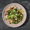 Salad - penne pasta with asparagus, tomatoes, quail eggs, mozzarellaand sweet pepper Royalty Free Stock Photo