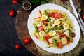 Salad - penne pasta with asparagus, tomatoes, quail eggs, Royalty Free Stock Photo