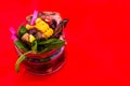 Salad with pieces of beef meat, grilled vegetables - eggplant, corn, mushrooms, sauce in a glass jar on a red background Royalty Free Stock Photo