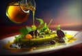 A salad plate with olive oil being poured into it. Royalty Free Stock Photo