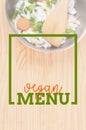 Salad with rectangle frame border of decorative Vegan Menu card