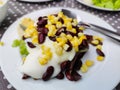 Salad red beans and corns on white dish on table Royalty Free Stock Photo