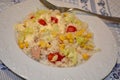 SALAD RICE FRESCH SUMMER FOOD WITH TOMATO MAJONNAISE SALAD TUNA FISH