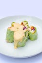 salad roll of carrot, cabbage, purple cabbage, cucumber, topped with roasted chicken and mayonnaise on top with white background