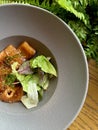 Salad with salmon and green lettuce in a round gray plate