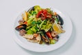 Salad with seafood and vegetables, with mussels, octopus, squid and shrimp isolated on a white background Royalty Free Stock Photo