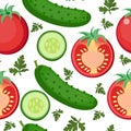 Salad seamless pattern. Tomato and cucumber endless background, texture.